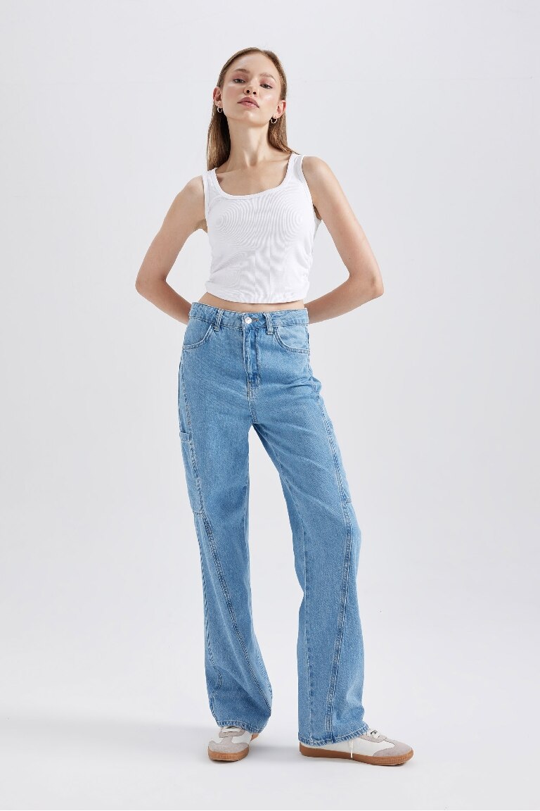90's Wide Leg Yüksek Bel Geniş Paça Kargo Cepli Jean Pantolon