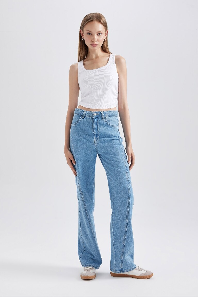 90's Wide Leg Yüksek Bel Geniş Paça Kargo Cepli Jean Pantolon