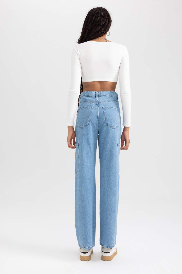 90's Wide Leg Yüksek Bel Geniş Paça Kargo Cepli Jean Pantolon