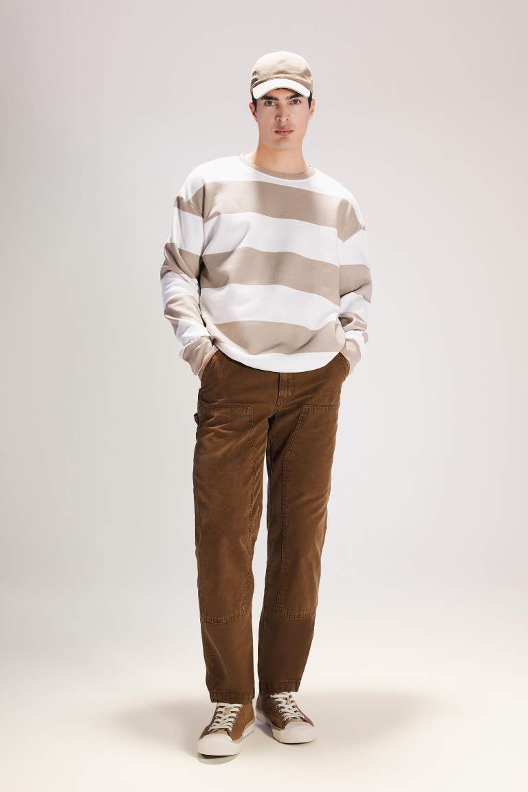 Boxy Fit Bisiklet Yaka Çizgili Dokuma Etiketli Sweatshirt