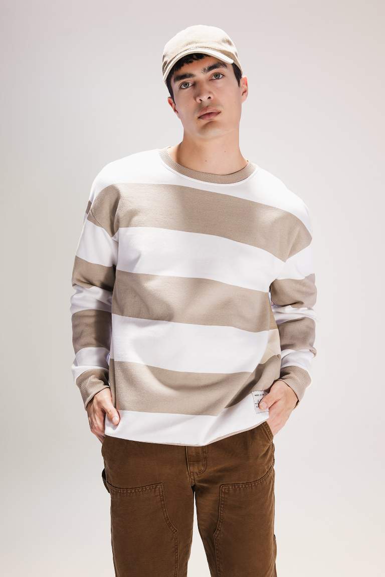 Boxy Fit Bisiklet Yaka Çizgili Dokuma Etiketli Sweatshirt