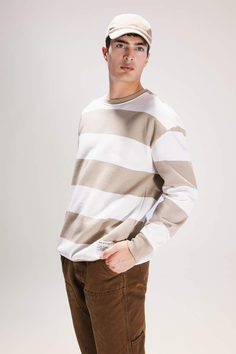 Boxy Fit Bisiklet Yaka Çizgili Dokuma Etiketli Sweatshirt