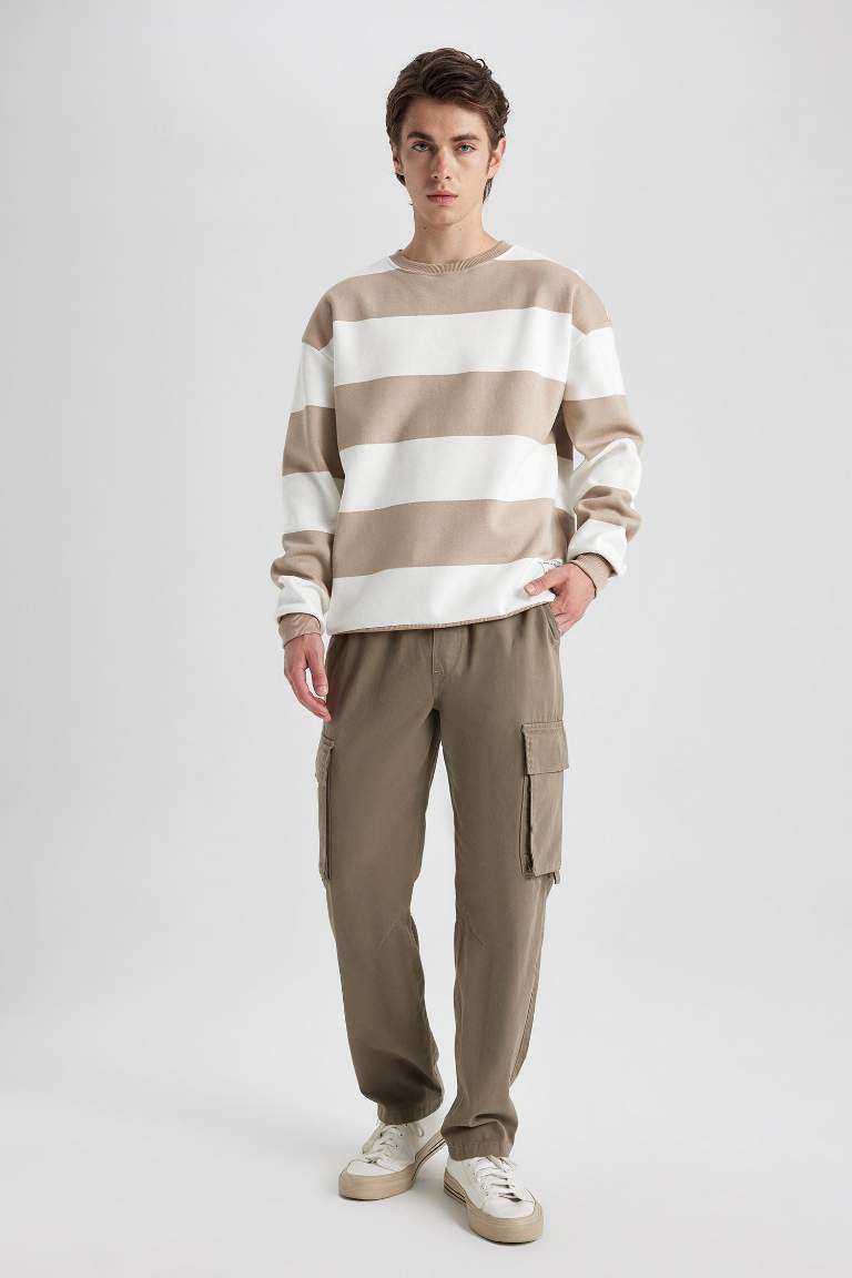 Boxy Fit Bisiklet Yaka Çizgili Dokuma Etiketli Sweatshirt
