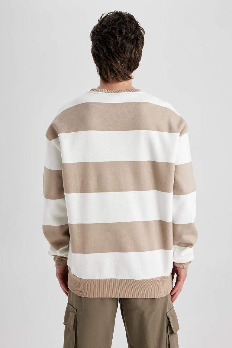 Boxy Fit Bisiklet Yaka Çizgili Dokuma Etiketli Sweatshirt
