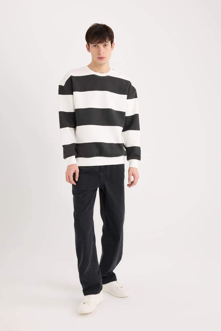 Boxy Fit Crew Neck Striped Woven Label Sweatshirt