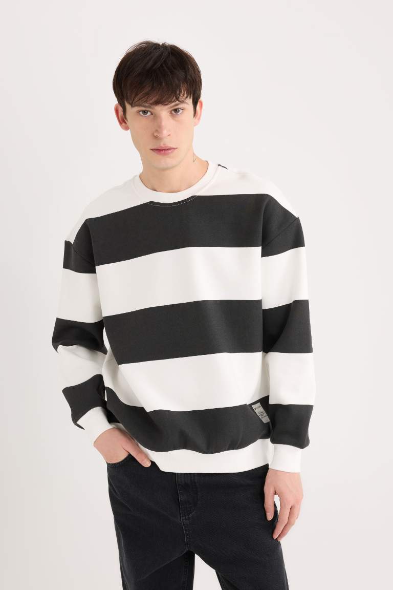 Boxy Fit Crew Neck Striped Woven Label Sweatshirt