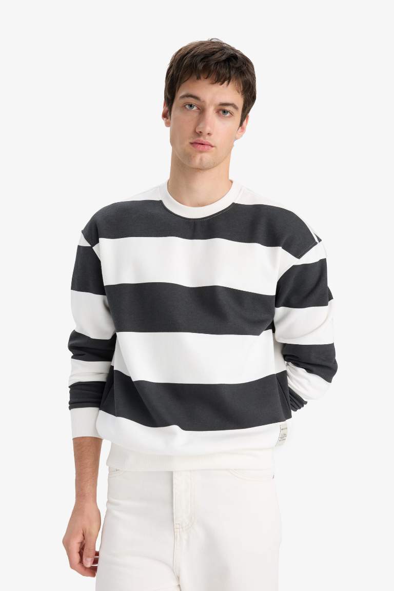 Boxy Fit Bisiklet Yaka Çizgili Sweatshirt