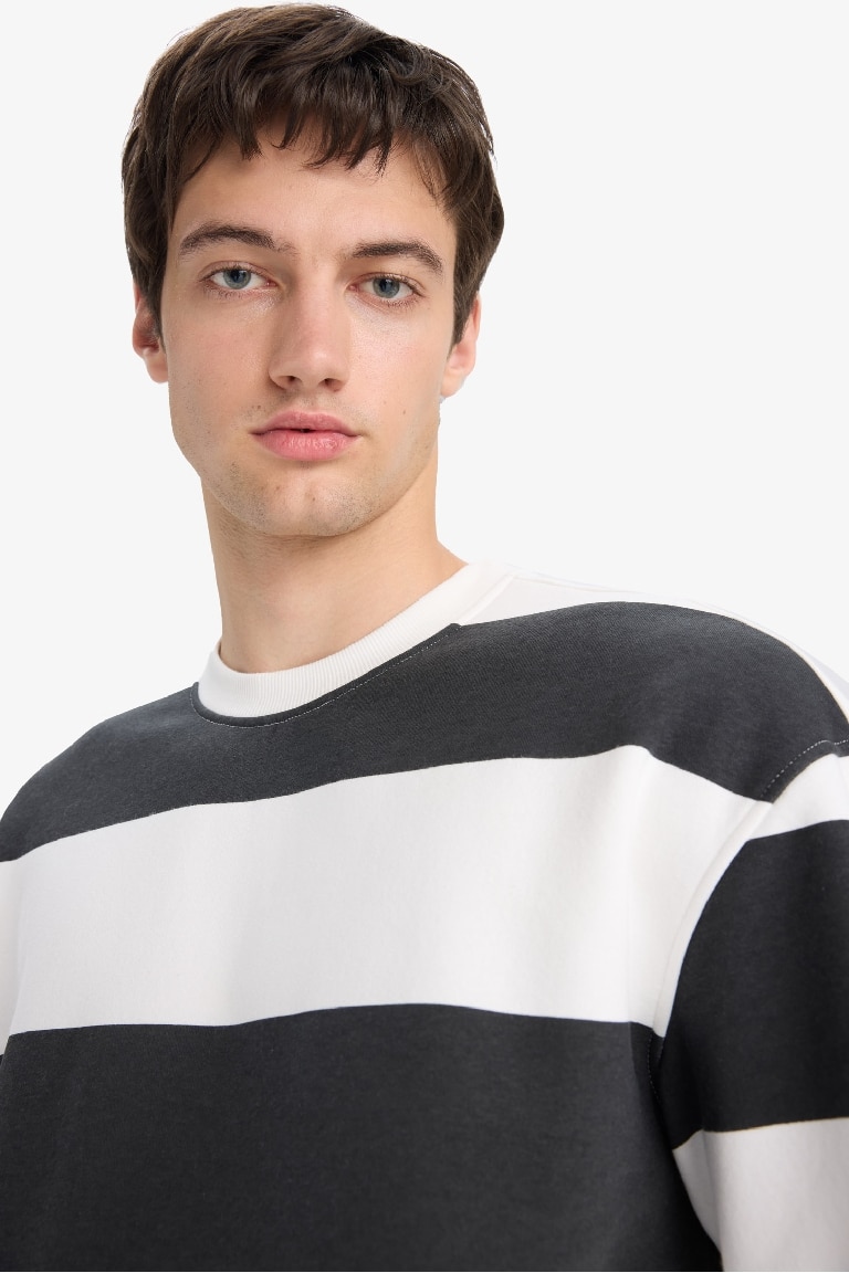Boxy Fit Bisiklet Yaka Çizgili Sweatshirt
