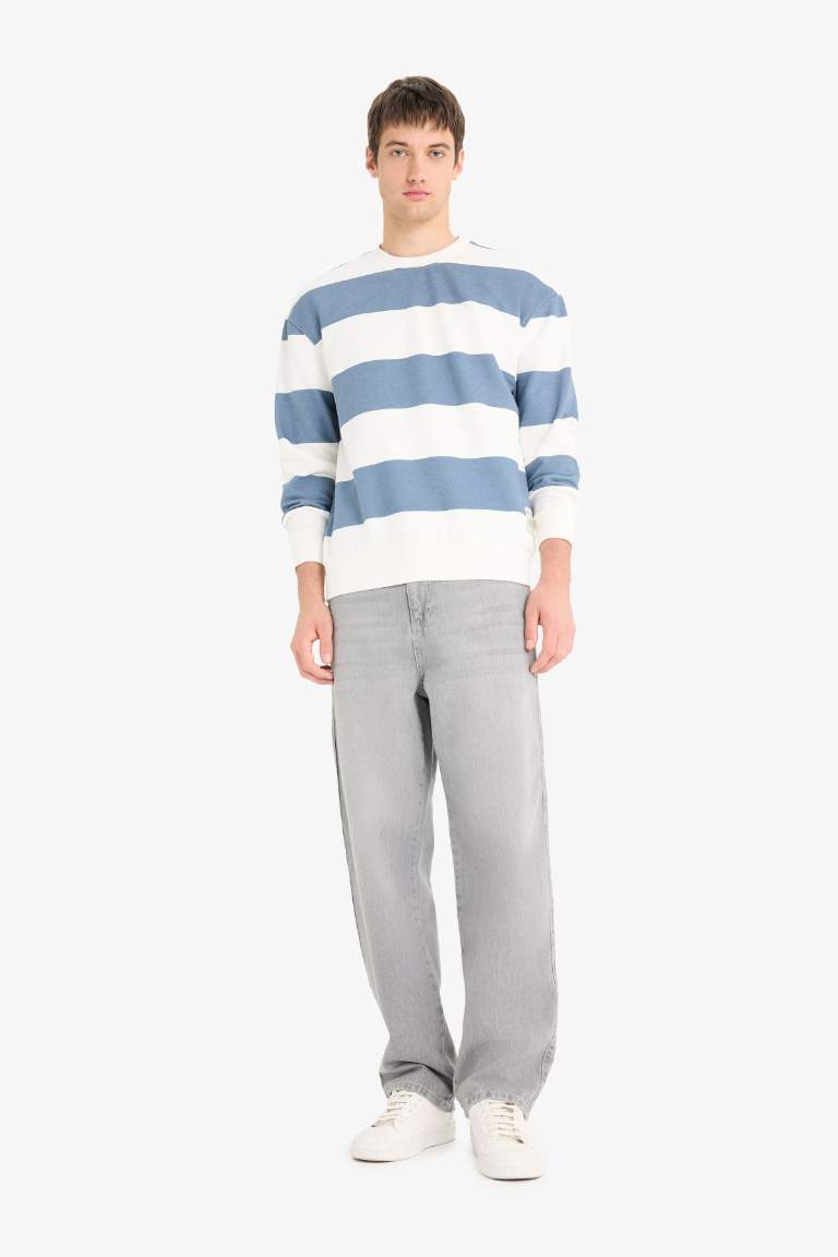 Boxy Fit Bisiklet Yaka Çizgili Sweatshirt