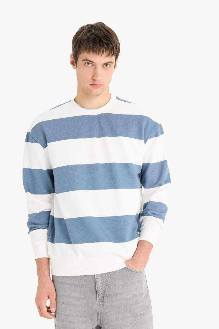 Boxy Fit Bisiklet Yaka Çizgili Sweatshirt