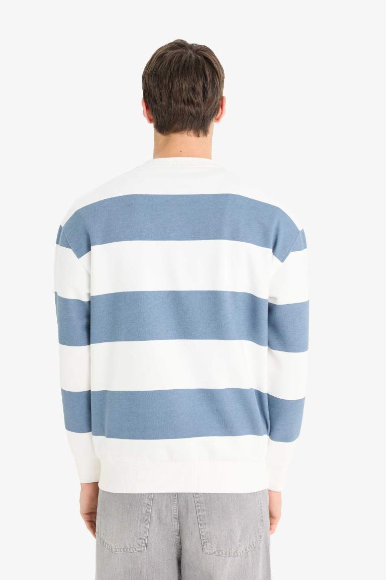 Boxy Fit Bisiklet Yaka Çizgili Sweatshirt