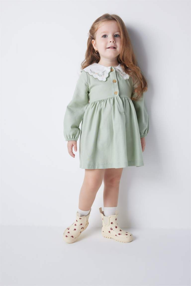 فستان فلورال قصة عادية كم طويل بياقة كبيرة