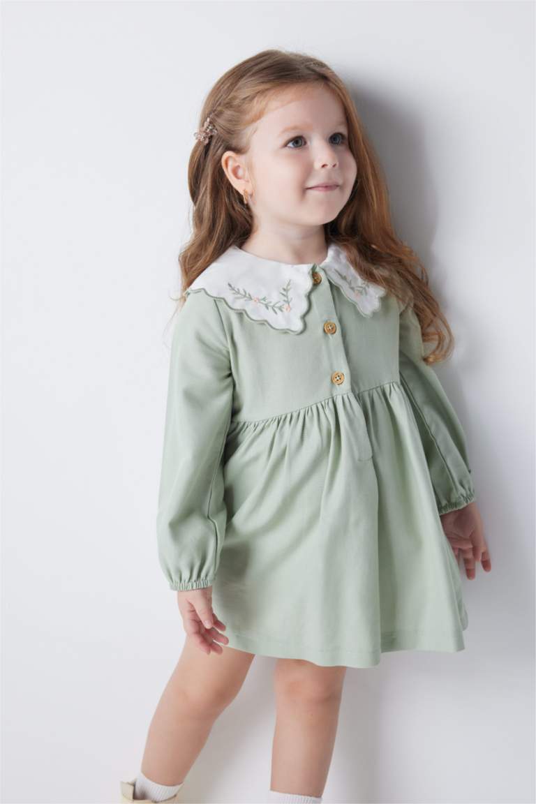 فستان فلورال قصة عادية كم طويل بياقة كبيرة