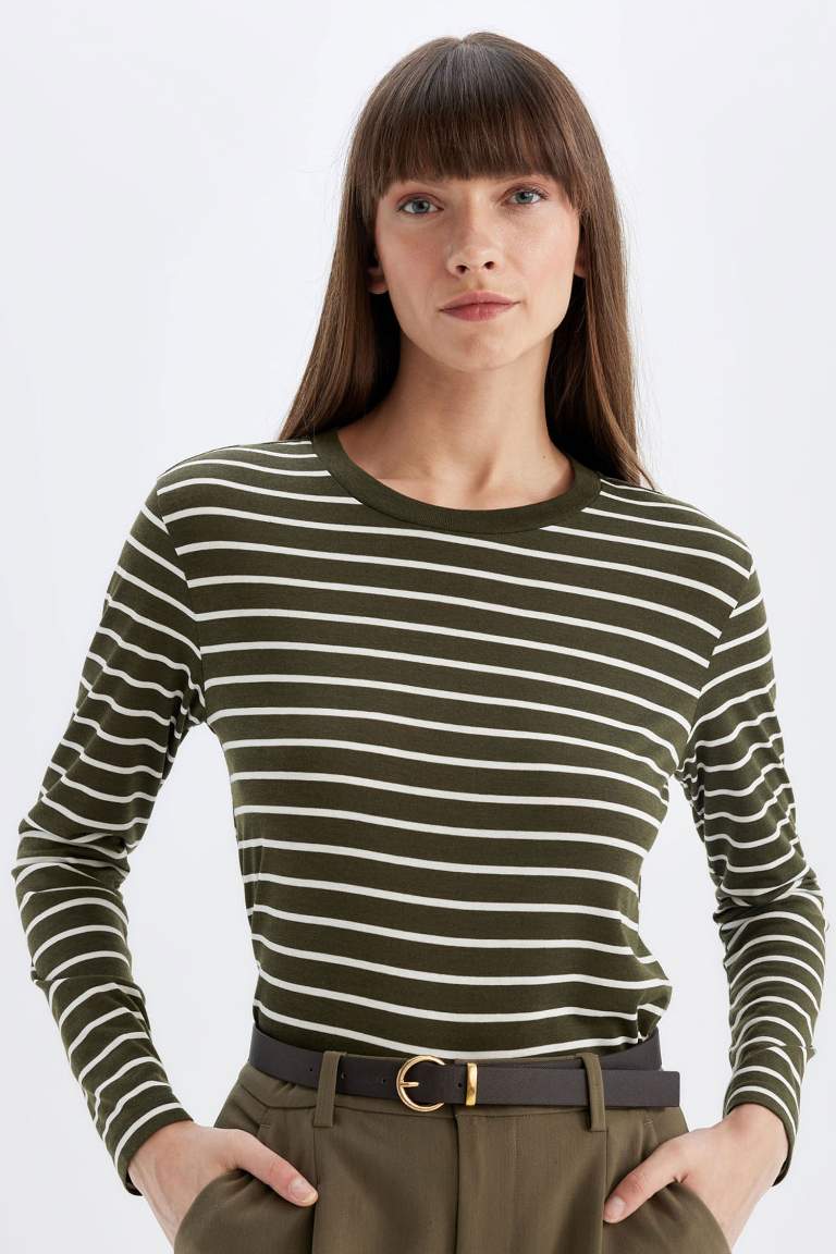 Regular Fit Bisiklet Yaka Çizgili Casual Uzun Kollu Tişört