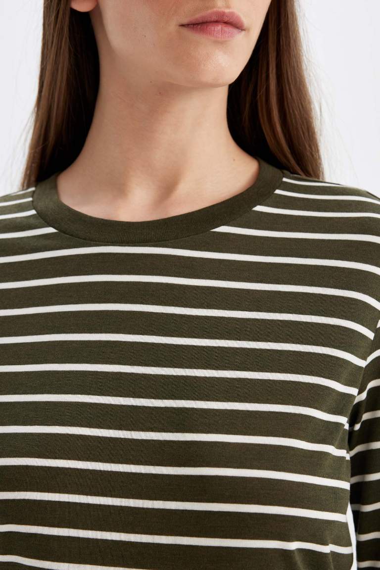 Regular Fit Bisiklet Yaka Çizgili Casual Uzun Kollu Tişört