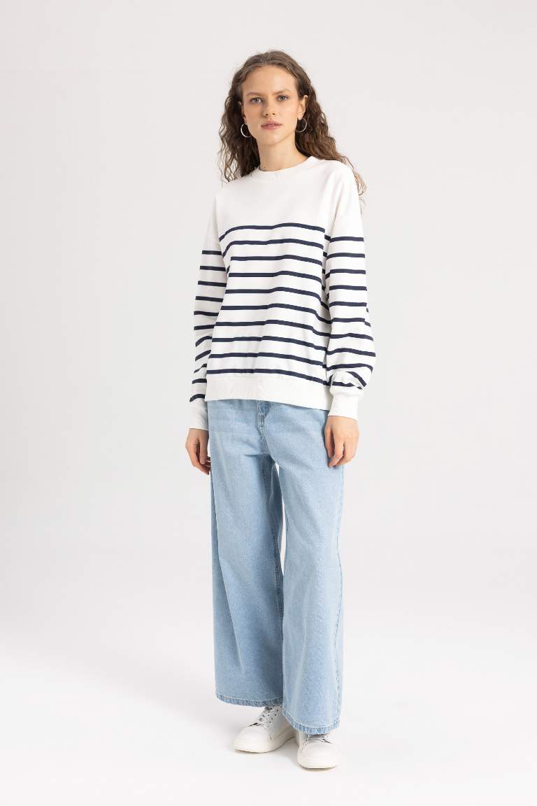 Relax Fit Crew Neck Striped Thin Sweatshirt