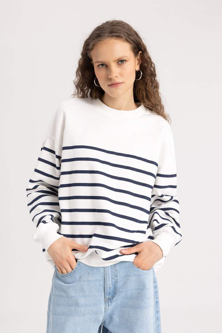 Relax Fit Crew Neck Striped Thin Sweatshirt