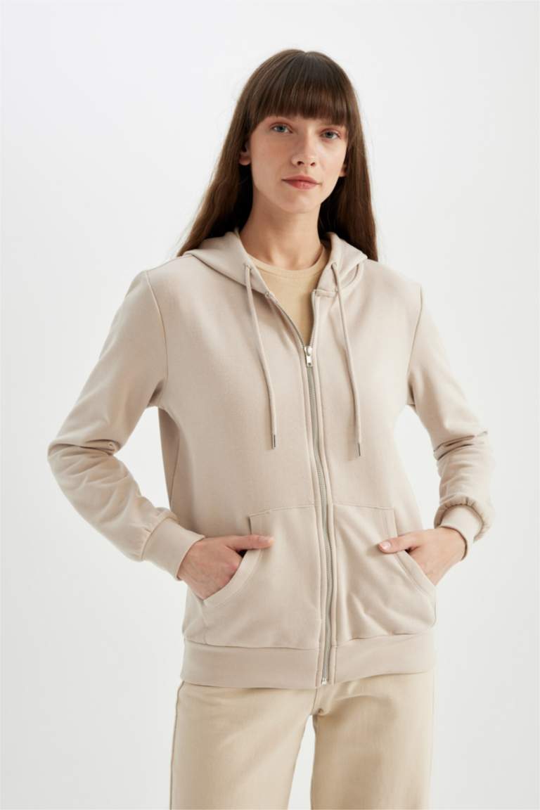 Regular Fit Kapüşonlu Cepli Basic Düz Fermuarlı Sweatshirt