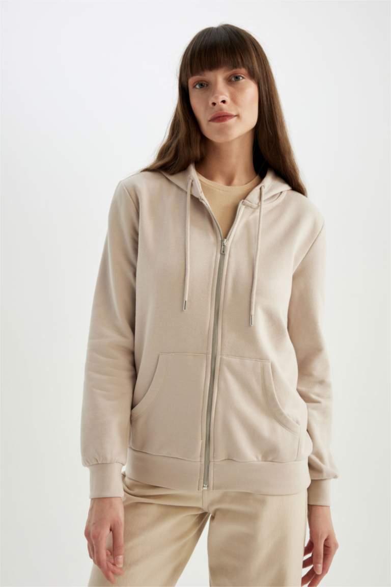 Regular Fit Kapüşonlu Cepli Basic Düz Fermuarlı Sweatshirt