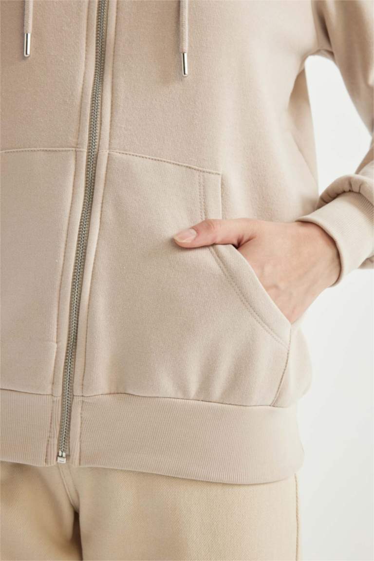 Regular Fit Kapüşonlu Cepli Basic Düz Fermuarlı Sweatshirt
