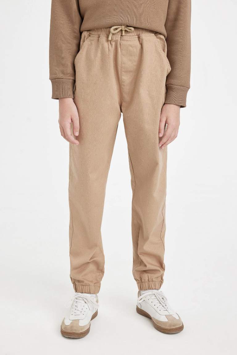 Erkek Çocuk Beli Bağcıklı Lastikli Paça Cepli Basic Düz Jogger Gabardin Pantolon