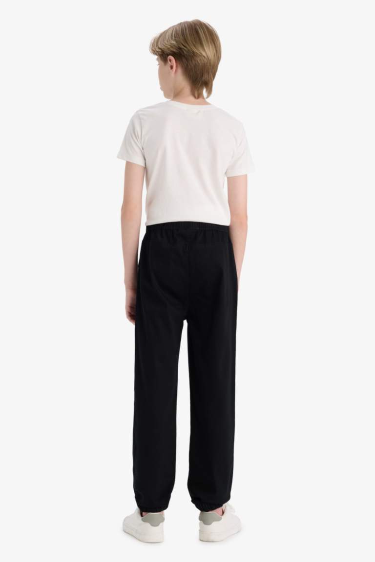 Erkek Çocuk Beli Bağcıklı Lastikli Paça Cepli Basic Düz Siyah Jogger Gabardin Pantolon
