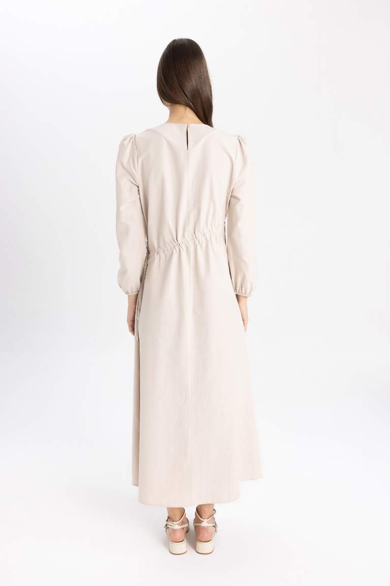 Beige WOMAN Regular Fit Crew Neck Poplin Long Sleeve Dress 2856124 ...