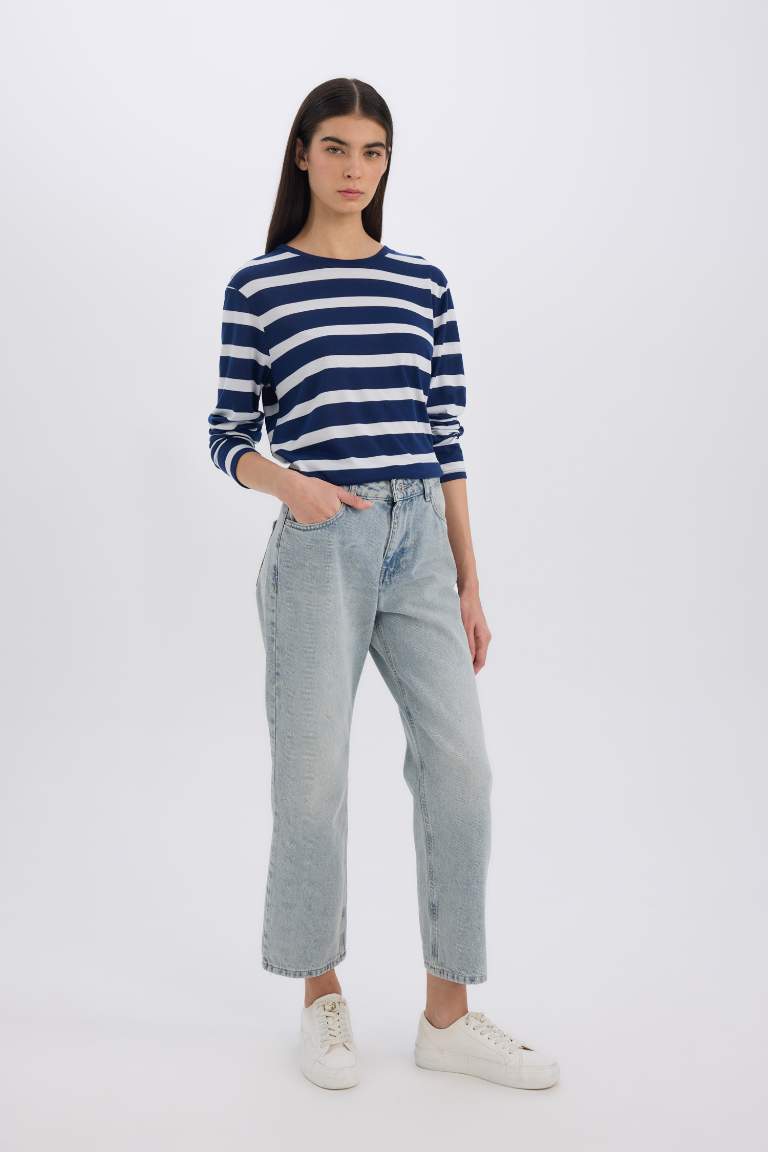 Regular Fit Bisiklet Yaka Çizgili Casual Uzun Kollu Tişört