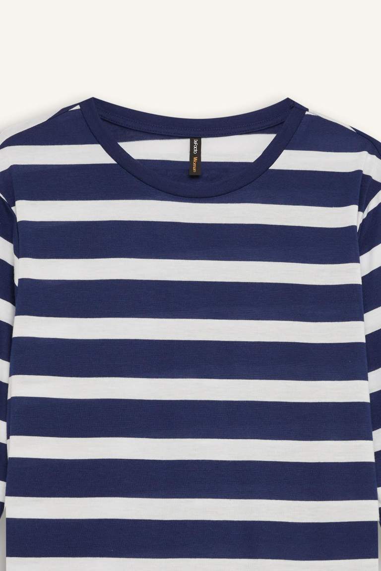 Regular Fit Bisiklet Yaka Çizgili Casual Uzun Kollu Tişört