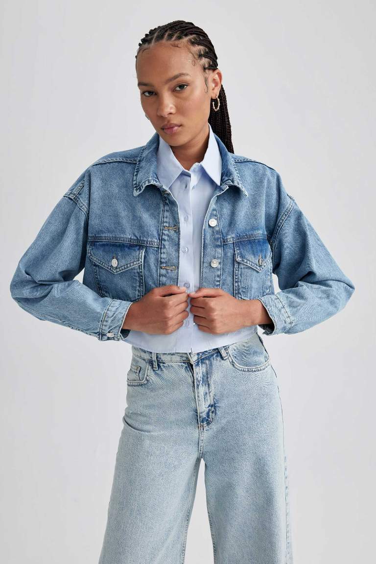 Crop %100 Pamuk Jean Ceket