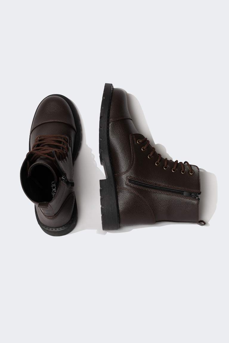 Man Lace-Up and Zippered Faux Leather Boots