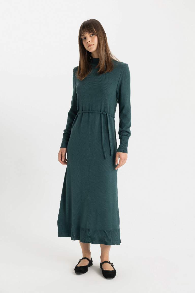 Regular Fit Half Turtleneck Basic Slit Maxi Knitwear Dress