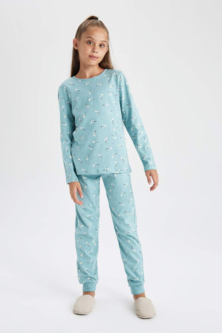 Kız Çocuk Çiçekli Uzun Kollu Penye Pijama Takımı