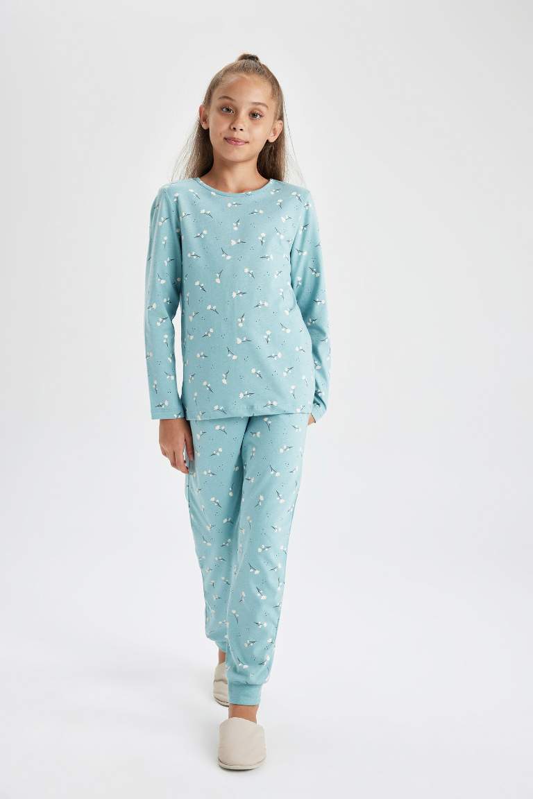 Kız Çocuk Çiçekli Uzun Kollu Penye Pijama Takımı