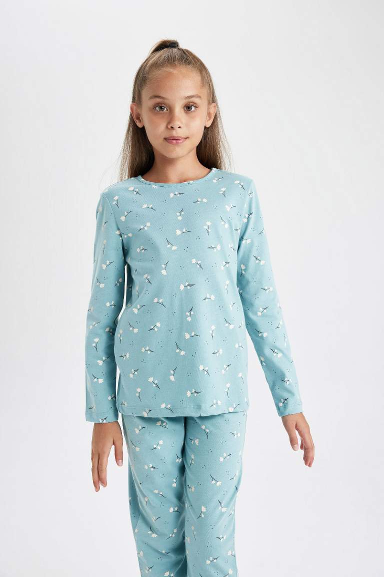 Kız Çocuk Çiçekli Uzun Kollu Penye Pijama Takımı