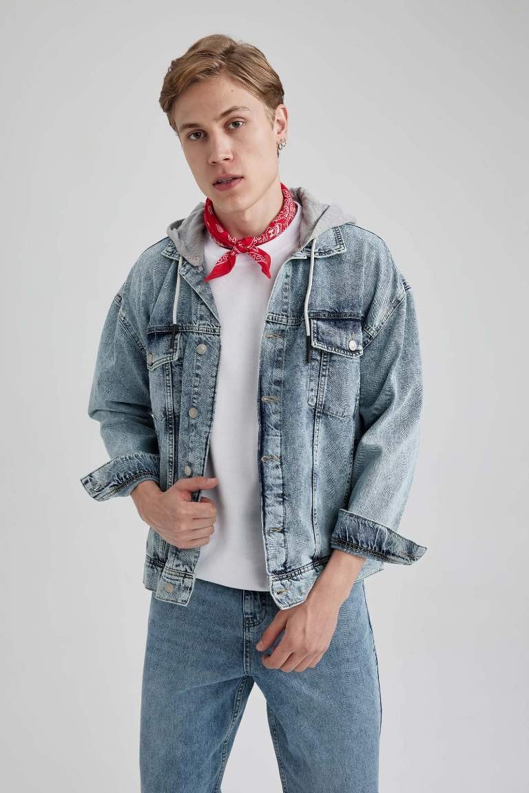 Oversize Geniş Kalıp Kapüşonlu Jean Ceket