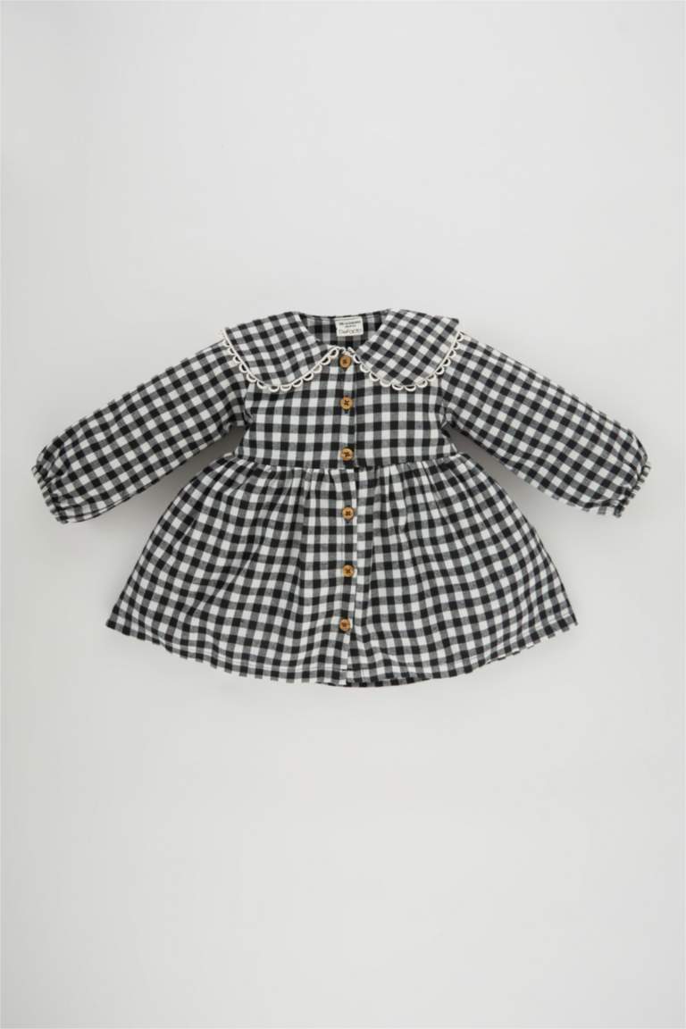 فستان كاروهات فلانيل قصة عادية كم طويل بياقة كبيرة