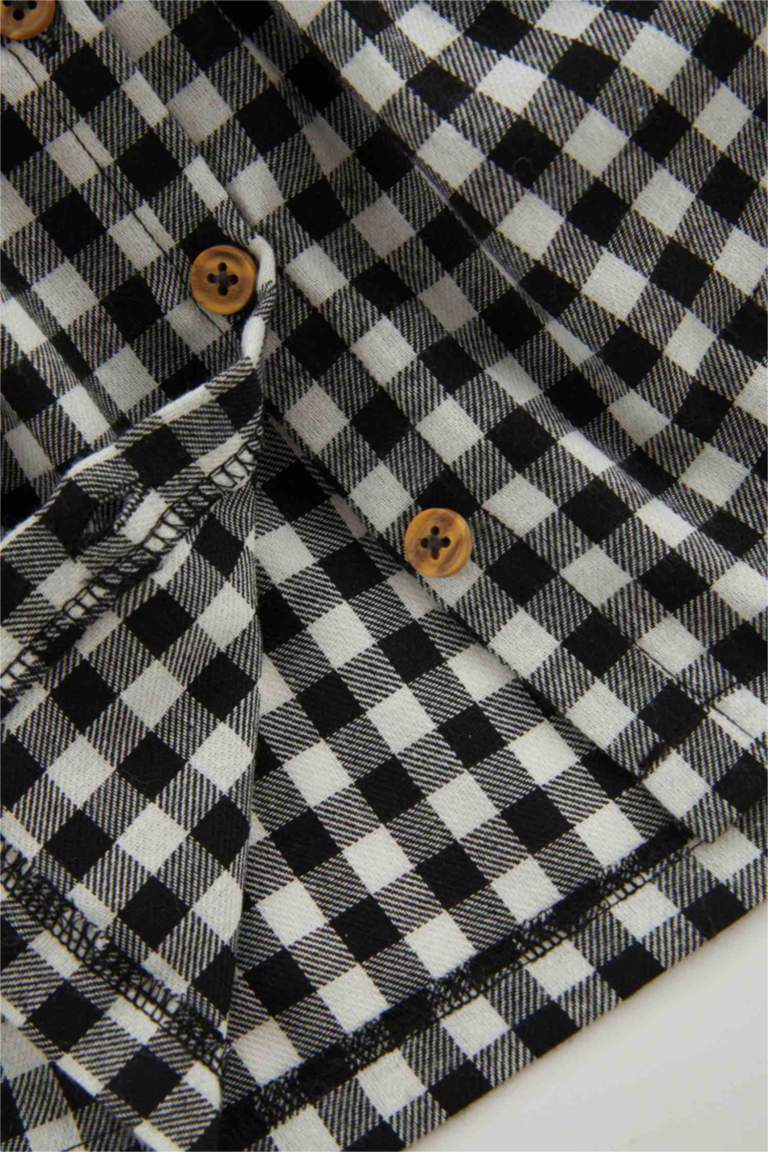 فستان كاروهات فلانيل قصة عادية كم طويل بياقة كبيرة