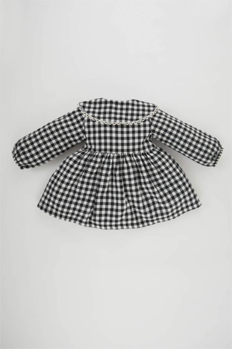 فستان كاروهات فلانيل قصة عادية كم طويل بياقة كبيرة