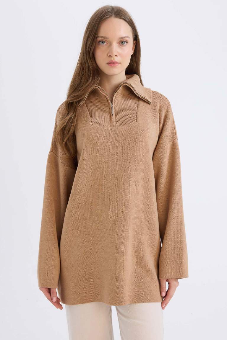 Regular Fit Zippered Stand Collar Knitwear Tunic