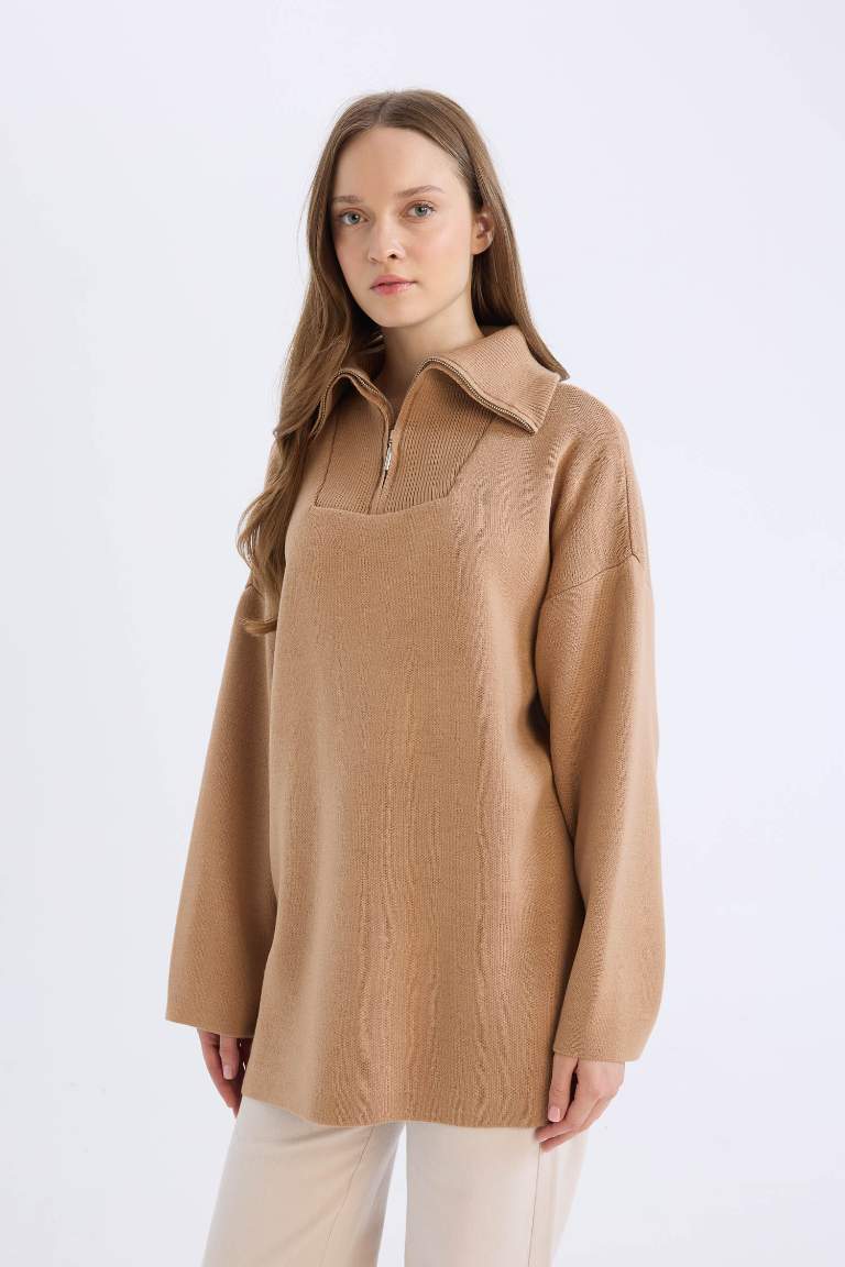 Regular Fit Zippered Stand Collar Knitwear Tunic