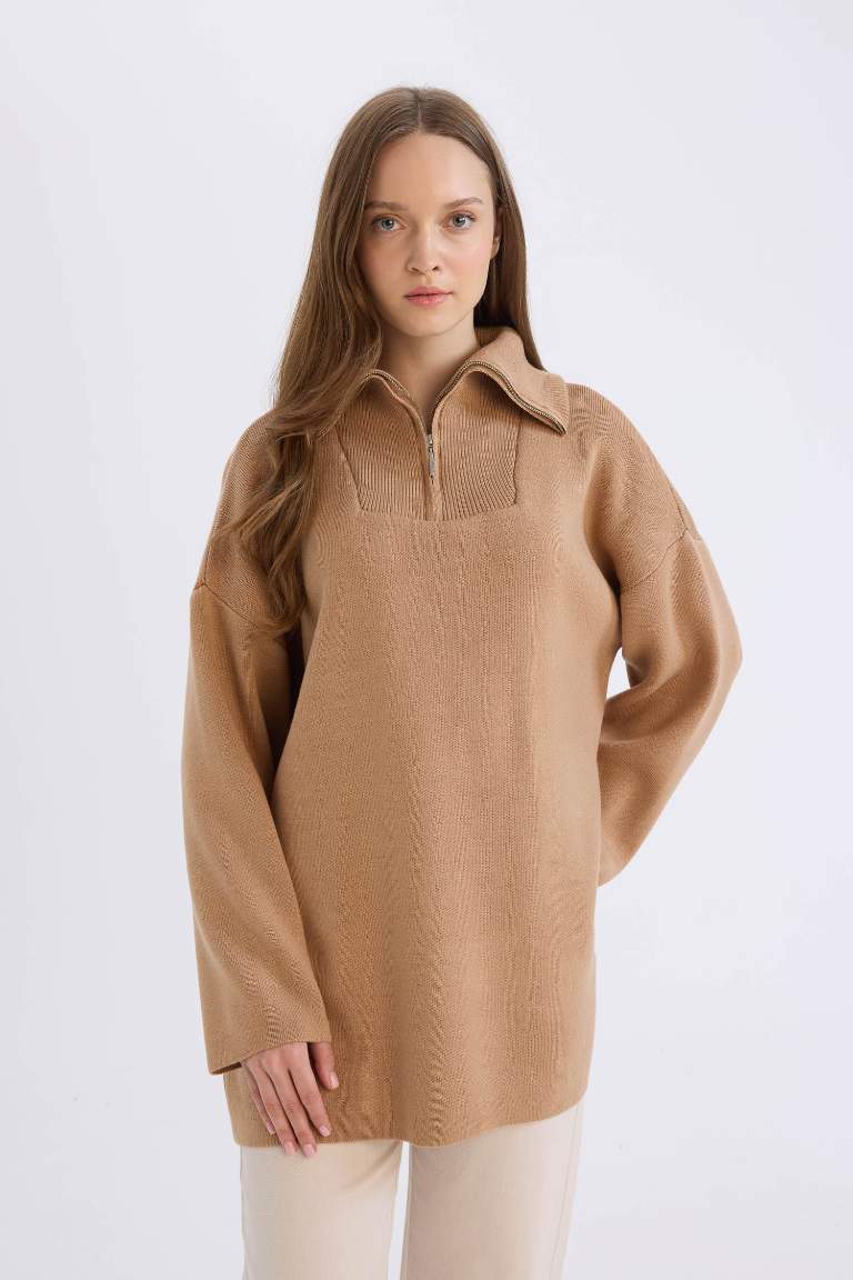 Regular Fit Zippered Stand Collar Knitwear Tunic