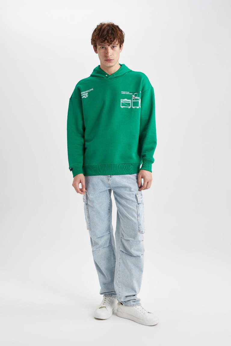 Oversize Geniş Kalıp Sırt Baskılı Kapüşonlu Sweatshirt