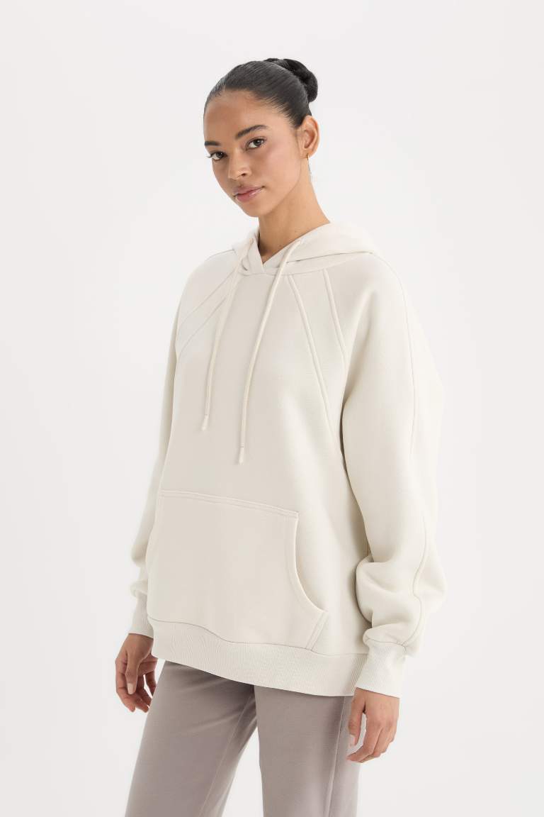 DeFactoFit Oversize Geniş Kalıp Kapüşonlu Kanguru Cepli Kalın Sporcu Sweatshirt