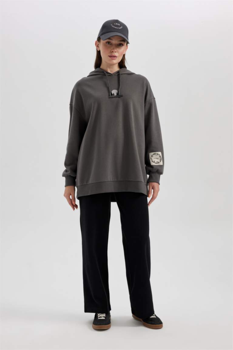 Anthracite Woman Regular Fit Thick Sweatshirt Fabric Hooded Embroidered  Sweat Tunic 2899206 | DeFacto