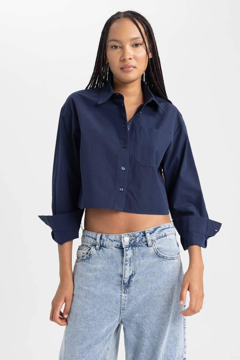 Poplin Long Sleeve Cotton Crop Shirt