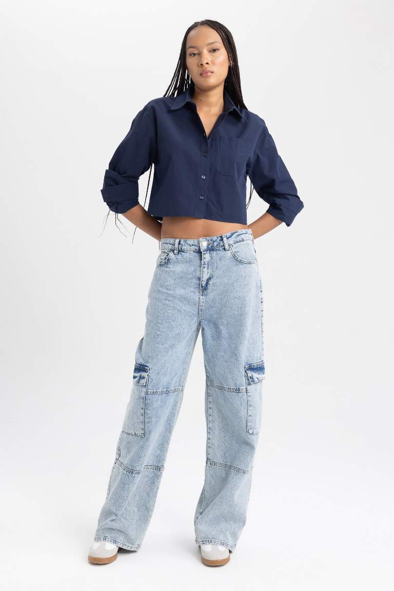 Poplin Long Sleeve Cotton Crop Shirt