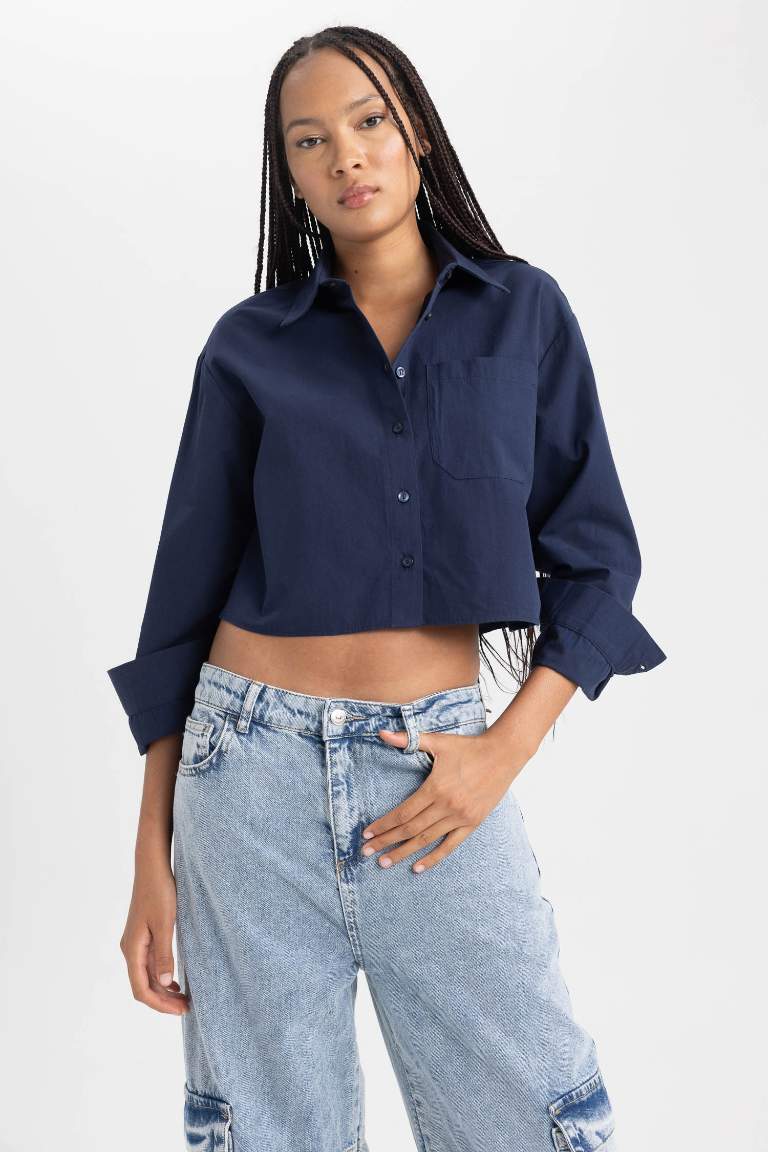 Poplin Long Sleeve Cotton Crop Shirt