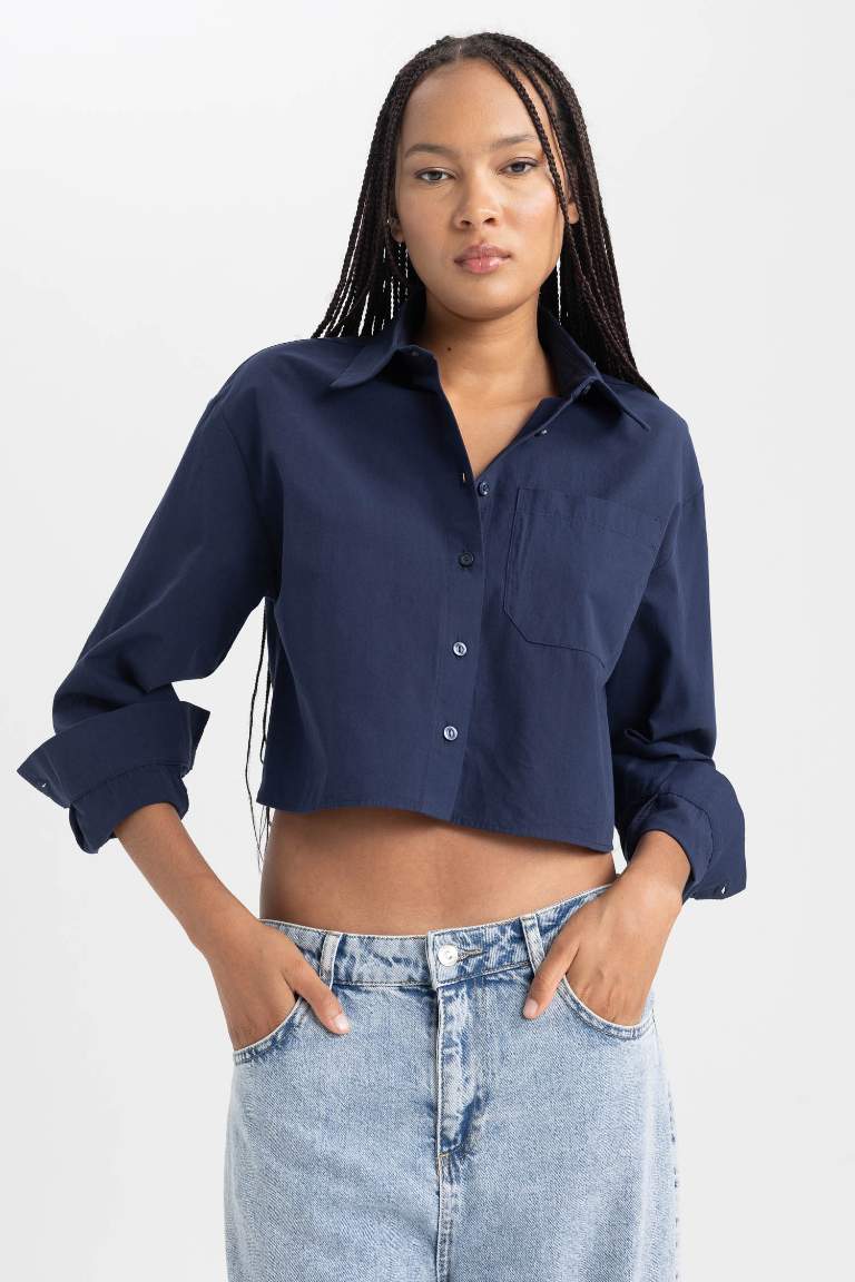 Poplin Long Sleeve Cotton Crop Shirt