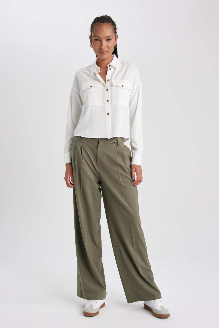 Khaki WOMAN Wide Leg Three Pocket High Waist Standard Trousers 2911186 ...